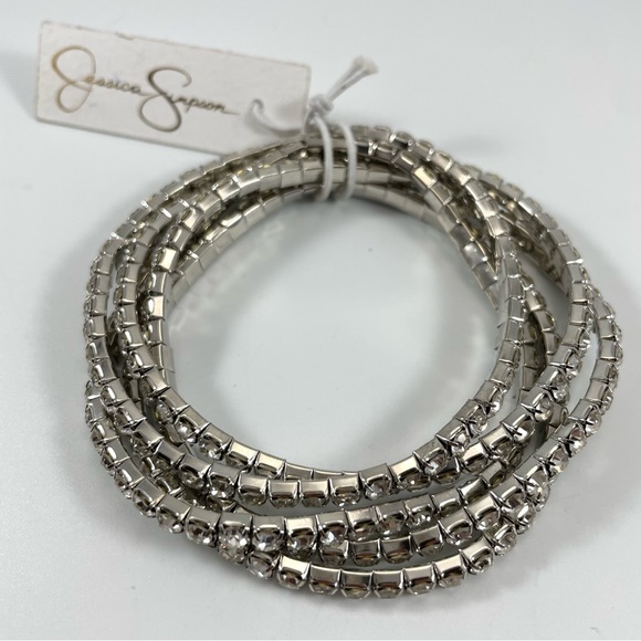 Jessica Simpson Jewelry - Jessica Simpson Silver Tone White Rhinestone 5 Piece Stretch Bracelet Set NWT
